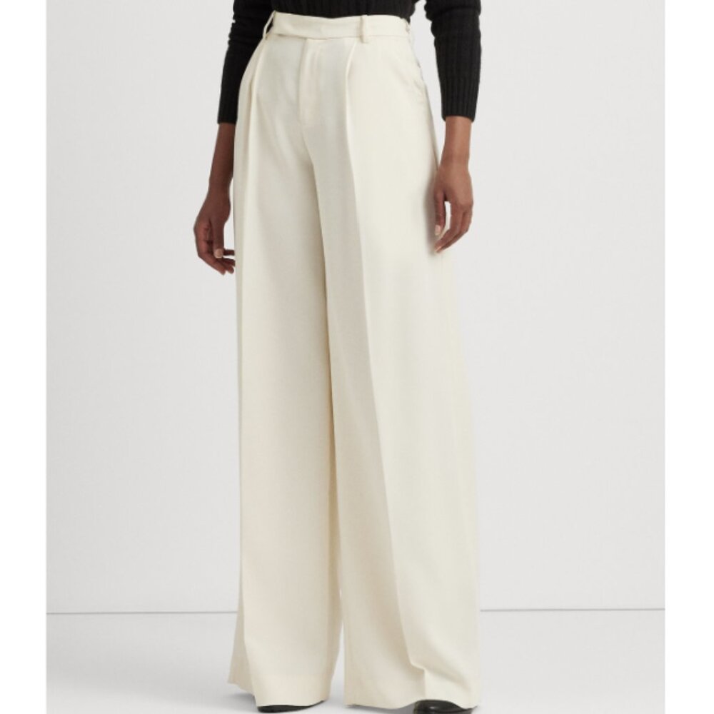 Ralph Lauren Pleated Satin Crepe Wide-Leg Pants 10 Ivory Winter Cream Palazzo